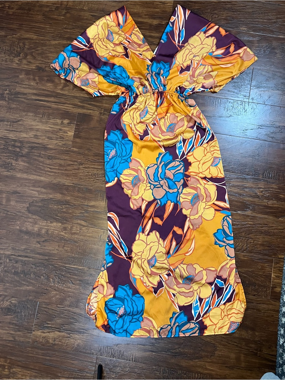 BUCKETLIST Mustard, Blue & Purple Floral Off-Shoulder Maxi Dress Small